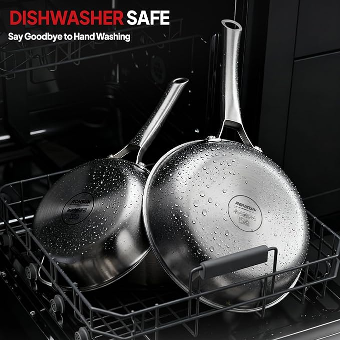 ROVSUN 11-Pcs Stainless Steel Cookware Set Tri-Ply Pots and Pans Set Non-Toxic Kitchen Set PFOA &amp PTFE Free Full Clad Frying Pans Saucepans Saute Pan &amp Stock Pot Compatible for All Cook