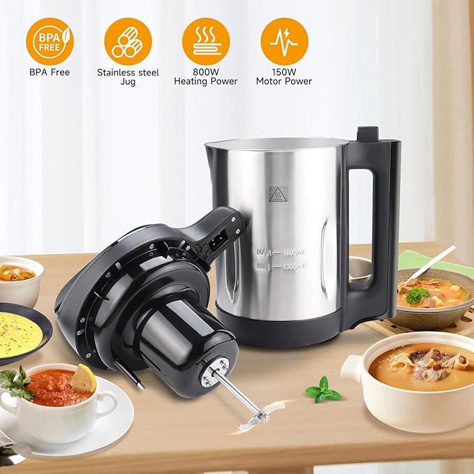 Homtone 1.6L Soup Maker Stainless Steel Soup Making Machine with Smooth &amp Chunky Settings Anti-Dry Burn Overfill Sensors Self-Cleaning Mode for Quick Soups Baby Food