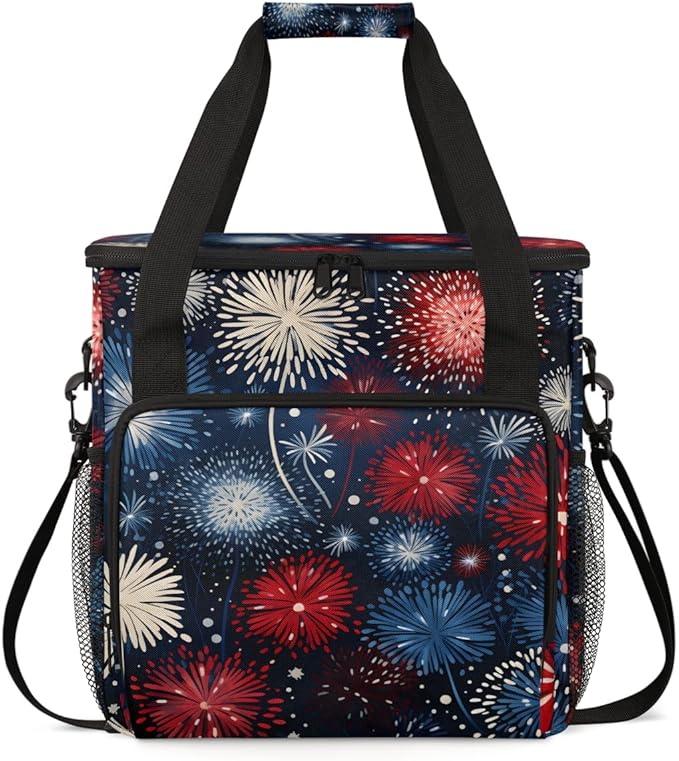 Sparkler-Swirled 4th of July Coffee Maker Carrying Bag Travel Storage Bag Compatible with K-Mini or K-Mini Plus Single Serve Coffee Brewer Carrying Case with Multiple Pockets &amp Shoulder Strap