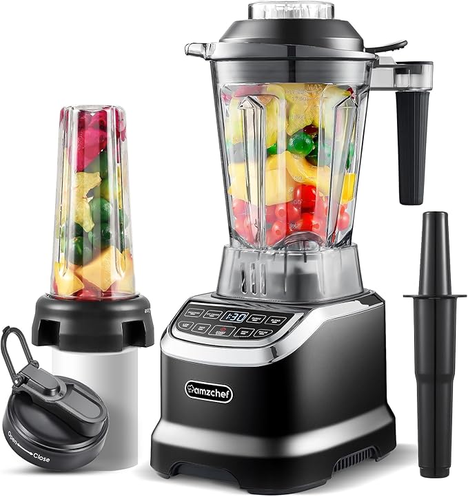 AMZCHEF Professional Blenders for Kitchen 1800 W Smoothie Blender with 2 Blend Way 4 Functions and 3 Speeds 63 oz Blender for Smoothies Frozen Drinks Ice Cream Soup 20 oz blend bottle Black