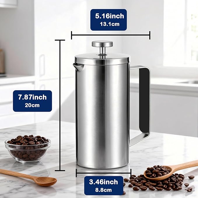 Samll French Press Coffee Maker 21OZ Stainless Steel 600ml Coffee Press with Black Handle for Personal Office TravelCamping (Sanding Silver 1-3 Cups)