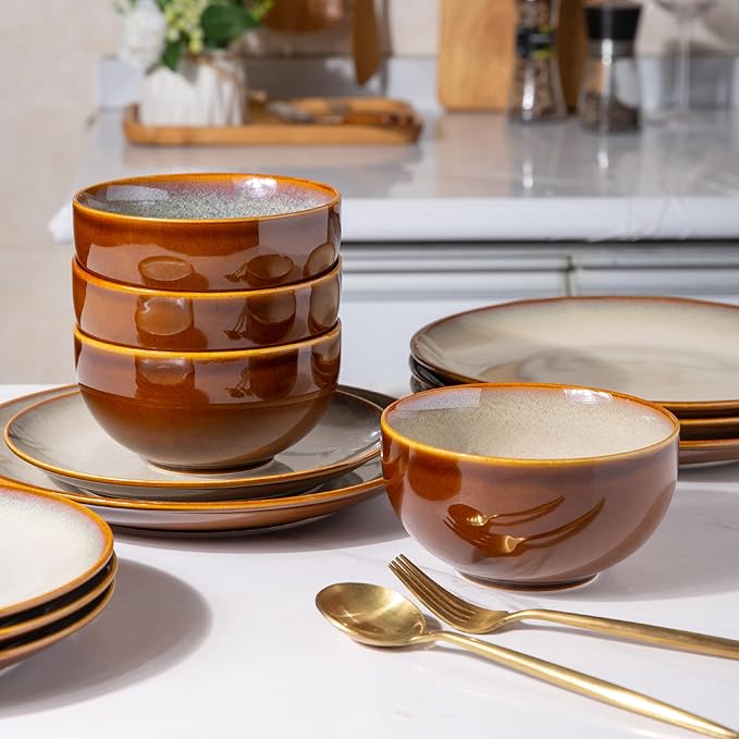 Ceramic Dinnerware Sets30-Piece Plates and BowlsHandmade Reactive Glaze Dishes SetChip Resistant and Scratch Resistant | Oven Dishwasher &amp Microwave SafeService for 6-Kahki