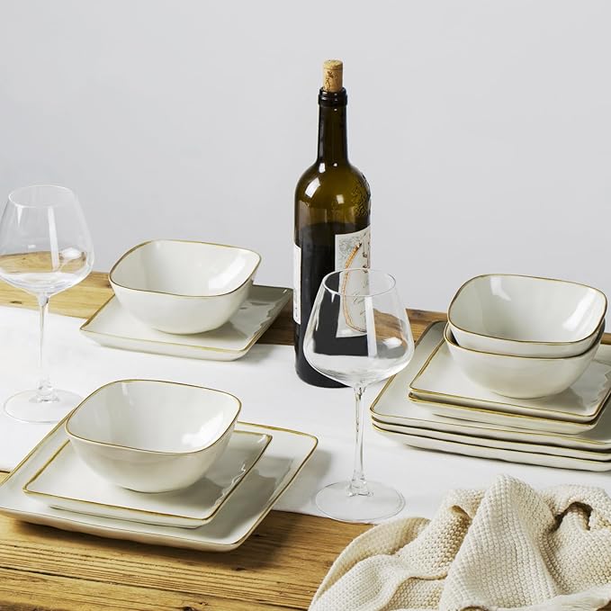 Famiware Ocean Square Plates and Bowls Sets for Kitchen 16-Piece Dinnerware Sets for 4 Microwave and Dishwasher Safe Vanilla White