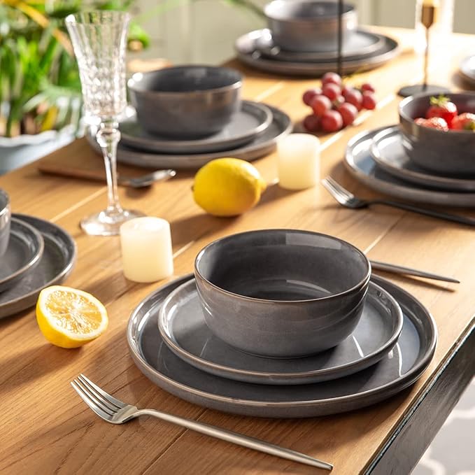AmorArc Stoneware Dinnerware SetsRound Reactive Ceramic Plates and Bowls SetsHighly Scrath Resistant | Dishwasher &amp Microwave Safe DishesService for 4 (12pc)