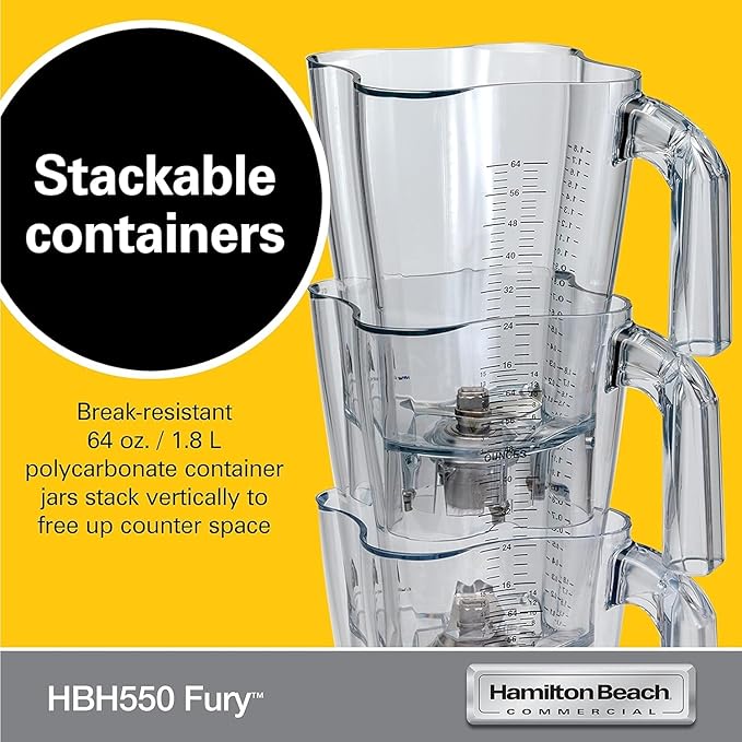 Hamilton Beach Commercial HBH550 The Fury Blender 3 hp 2 Speeds Pulse 64 oz./1.8 L Cutter Assembly Polycarbonate Container 18.04 Height 8.89 Width 8.07 Length Black