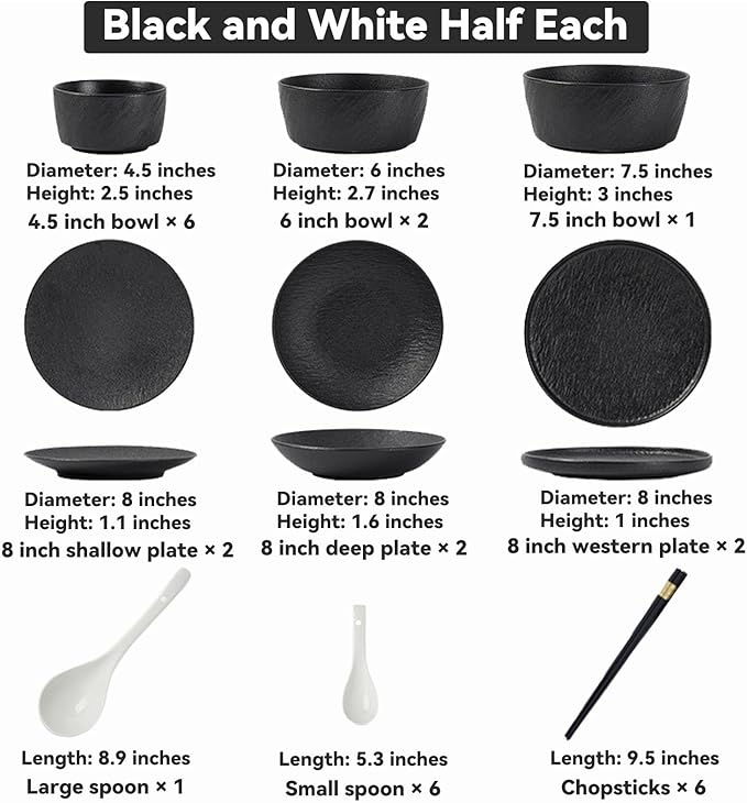 28/30 Pieces Dish Sets for 6 Black and White Serving Plates and Bowls Sets Frosted Texture Dinnerware Set Hard and Durability Scratch Resistant Dishware Set Dishwasher &amp Microwave &amp Oven Safe(