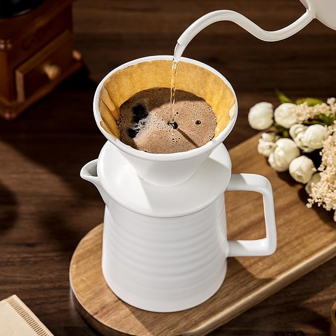 Pour Over Coffee Maker Set – Premium Ceramic Coffee Dripper with 500ml Capacity Manual Style Coffee Maker White – Ideal for Home Office and Travel