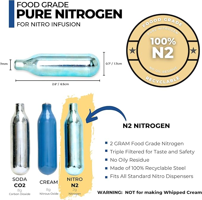 ICO 20pcs Nitrogen Cartridges N2 2g Non-Threaded Chargers and NITRO KAFO Nitro Coffee Maker &amp Cold Brew Maker 1 Pint/0.5L