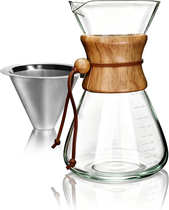 AGOGO Pour Over Coffee Maker Glass - 10 Cup Barista Kit with 304 Stainless Filter for Home Office Camping Cafes - Easy Clean Coffee Dripper Set (Soft Towel&ampBrush Included) (10 Cup/34 oz-Slim Sh