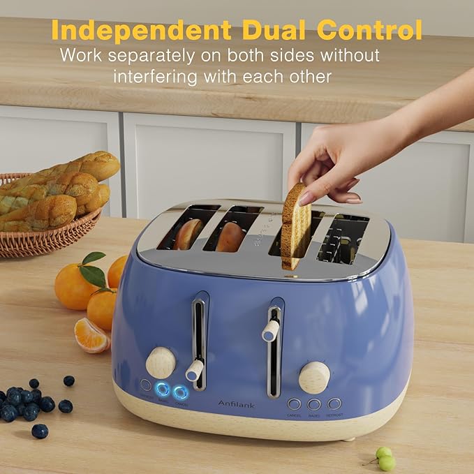 Toaster 4 SliceRetro Stainless Steel Toaster with Extra Wide Slots Cancel Bagel Defrost Function Dual Independent Control Panel Removable Crumb Tray and High Lift Lever (Sapphire Blue)