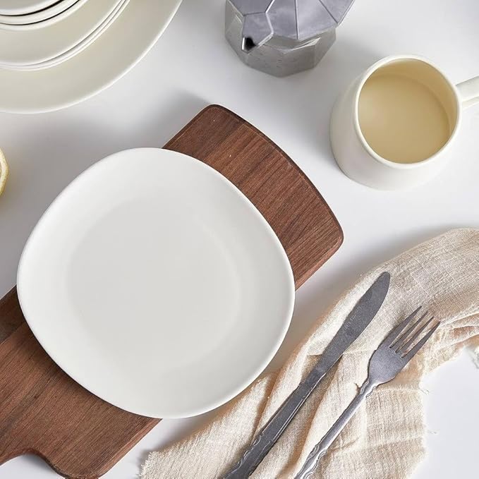 Minimalistic 6 Pieces Organic Shaped Dinner Plates Porcelain Dinnerware Set | Pretty Cream Ivory Color Solid Design Dishwasher Microwave Safe Mix &amp Match Set