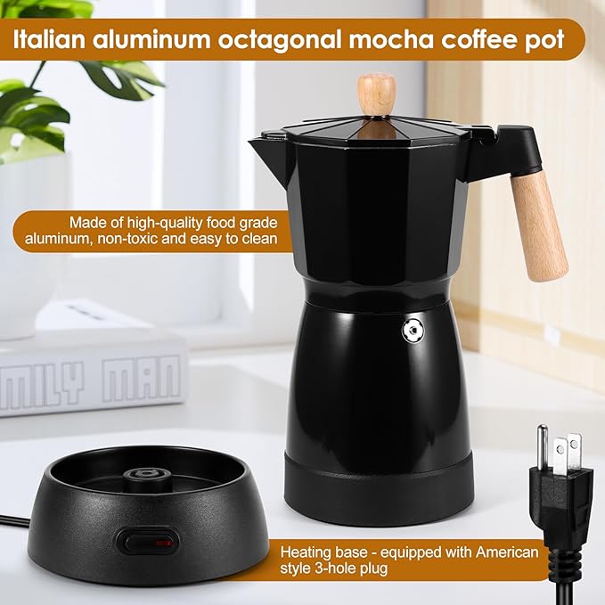 Electric Espresso Coffee Maker - 6 Cup Coffee Pot 300ml Electric Moka Pot Portable Aluminum Cafeteras Electricas Italian Coffee Maker with Detachable Base Coffee Machine Gift for Coffee Lovers