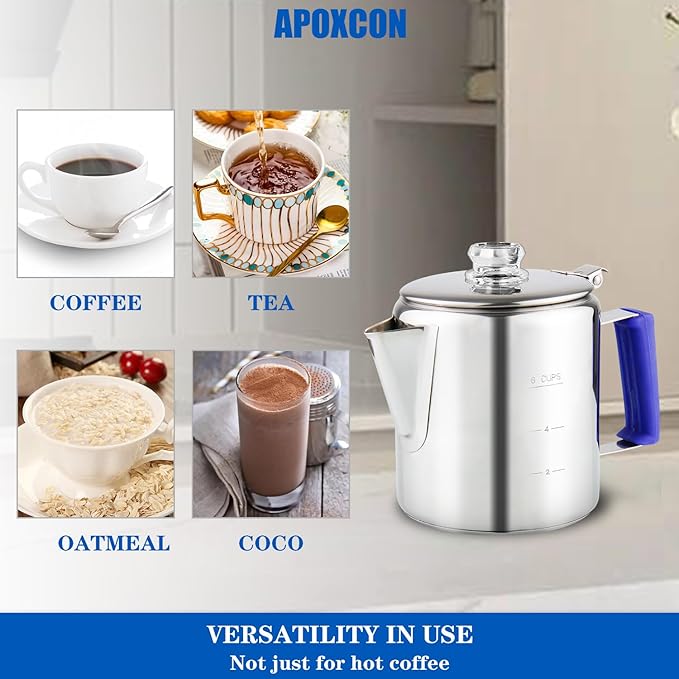 Multi Use Percolator Coffee Pot Stainless Steel Stove Top Coffee Maker with Two Tough Borosilicate Glass Knob Silica Handle Camping Coffee Pot Using on Campfire Stove &amp Induction Cooker Silver 6 C