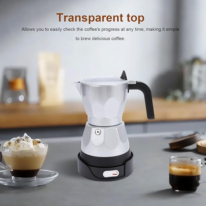 Coffee Pot Food Grade 3 Cup Capacity Aluminum Electric Coffee Maker with Transparent Top for Home Use (Silver)