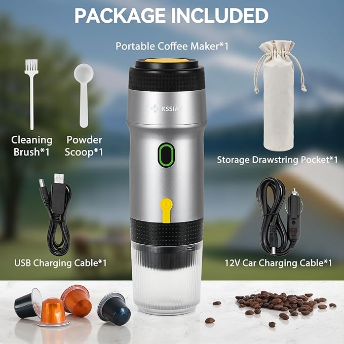 Portable Espresso Machines Electric Espresso Maker with Self-Heating USB-C &amp Car Charger 20 Bar Mini Coffee Maker With NS Capsule &amp Ground Coffee for Camping Hiking Travel Office Silver