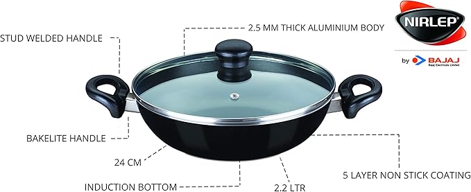 Nirlep by Bajaj Electricals Sakhi Induction-Base Non-Stick 3-Piece Cookware Set with Lid Black
