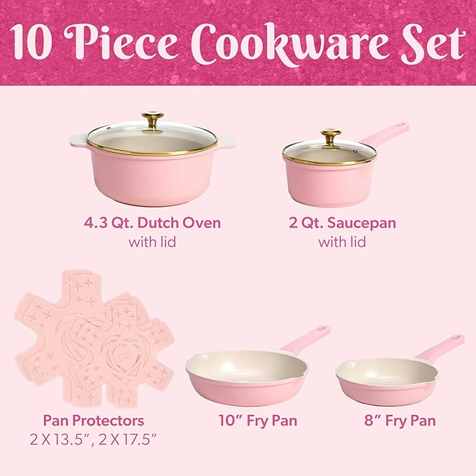 Paris-Hilton 10-Piece Nonstick Cast Aluminum Cookware Set with Ceramic Coating &amp Heart-Shaped Knobs – Durable Easy-Clean Pots &amp Pans with Lids for Stylish Home Cooking (Pink)