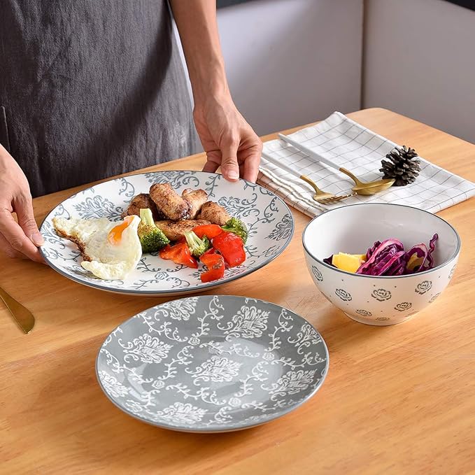 12-Piece Dinnerware Set Ceramic Dish Set with Plates Bowls Nonstick Durable Stoneware Grey for Kitchen