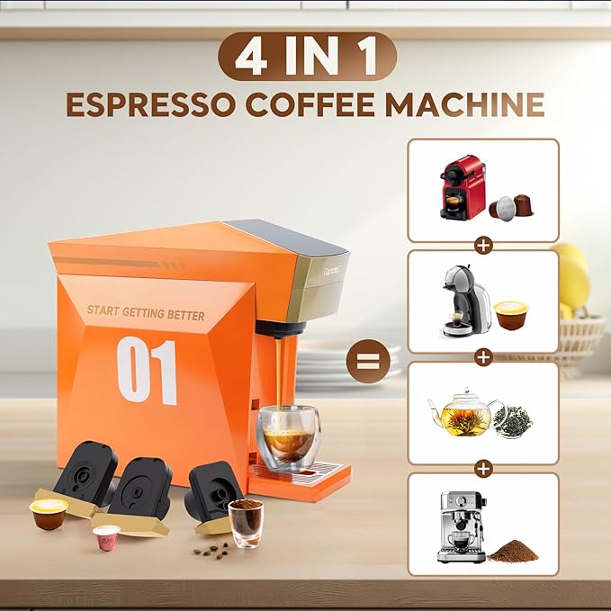 4 In 1 Single Server Coffee Maker Mini Coffee Machine for Nespresso Original/K cups/Dolce Gusto Original/Ground Coffee 19 Bar Espresso Machine Fit for Home Office Orange