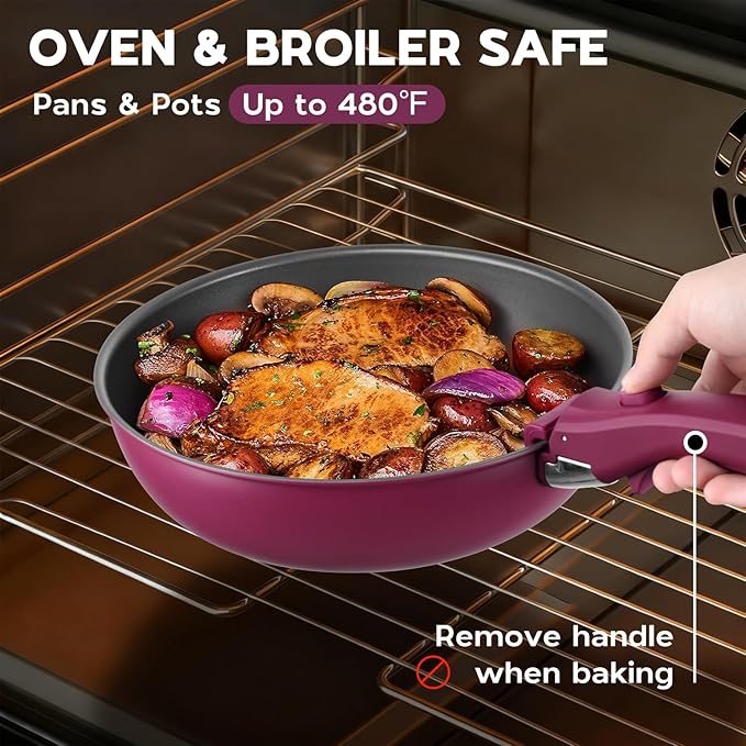 Walchoice 5Pcs Pots and Pans Set Granite Nonstick Cookware Set with Detachable Handle Stackable Kitchen Cooking Set with Saucepan Frying Pans Induction Compatible &amp Oven Safe - Purple