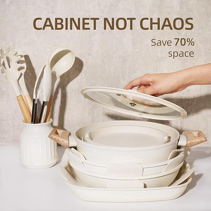 23pcs Ceramic Pots and Pans Set Nonstick Detachable Handle Cookware Induction Kitchen Cooking Set with Removable Handleinclude Frying Pans &amp Saucepans Oven Safe Induction Stackable Set