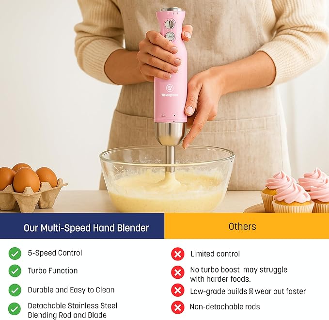 Westinghouse Hand Blender - 5-Speed Immersion Blender with Turbo Function Stainless Steel Blades &amp Rod 500W Power Detachable Easy Clean Design Best for Smoothies &amp Soups - Retro Appliance