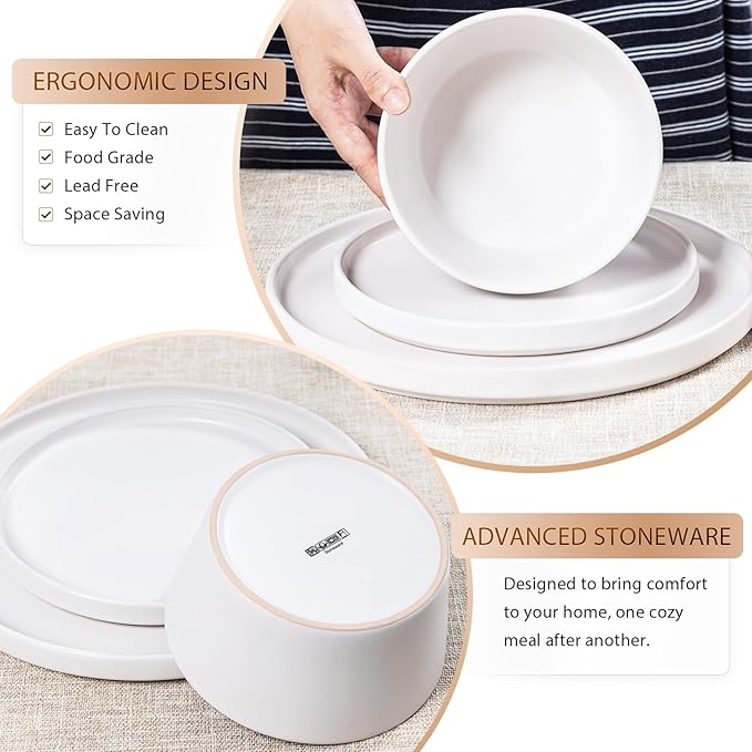 Plates and Bowls Sets for 4 - CJDC-QUELO 16 Piece Stoneware Dinnerware Sets with Mugs Ceramic Dishware Sets for Kitchen Dining Use Chip and Scratch Resistant Microwave Dishwasher Safe White