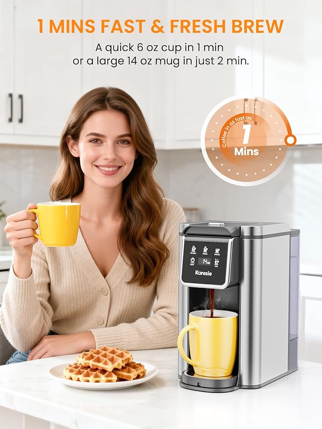 K Cup Coffee Maker Hot &amp Iced Coffee Maker for K Cup and Grounds 6-14 Oz Brew Sizes 50oz Removable Tank Single Cup Coffee Maker with Descaling Reminder Stainless Steel Black