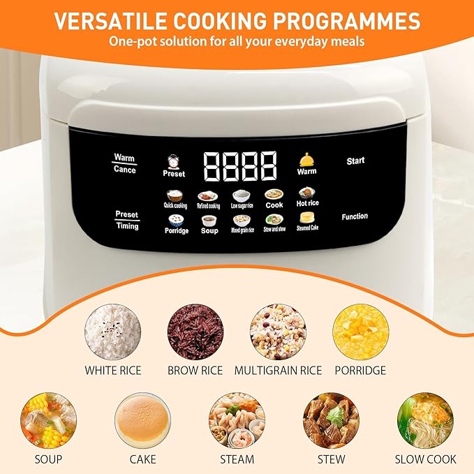 10 in 1 Low Carb Cooker with Steamer Low Sugar 2L Rice Cooker Smart Control Multifunction Rice Cooking 24hr Delay Timer 8hr Keep Warm for White/Brown Rice Porridge and Soup