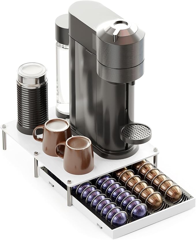 SpaceAid Bamboo Coffee Pod Holder Drawer Storage Compatible with Nespresso Vertuo Capsules Coffee Station Accessories Holder Organizer Tray Compatible with 40 Big or 56 Small Pods White