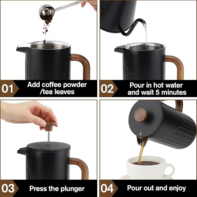 Rorence 34oz French Press Coffee Maker Coffee Press with Real Wood Handle &amp Plunger Head Double Wall Insulation &amp Dual-Filter Screen incl. replaced filters &amp instructions Black