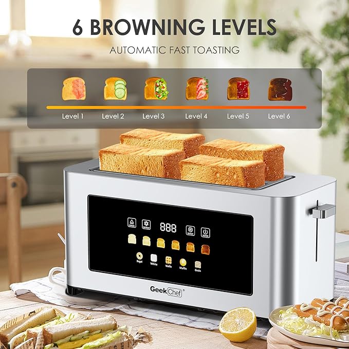 Geek Chef Long Slot Toaster 4 Slice 1.5 Touch Screen Extra Wide Slots for Bagels &amp Waffles 6 Browning Levels Timer Reheat Defrost Cancel Function and Digital Scale with App