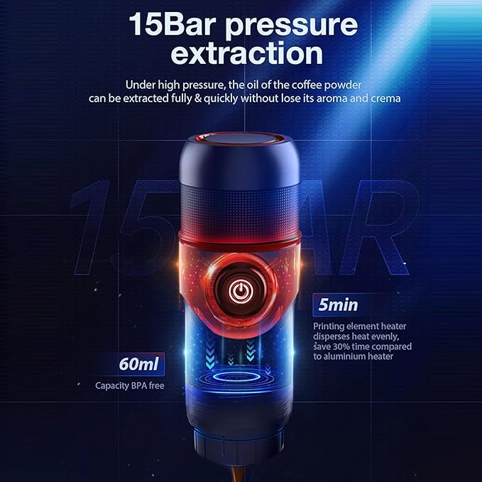 Portable Electric Espresso Machine Car Mini Coffee Maker with Heating Function 15 Bar Extraction Compatible with NS/DG Pods &amp Ground Coffee for Hiking Camping Travel RV Fishing