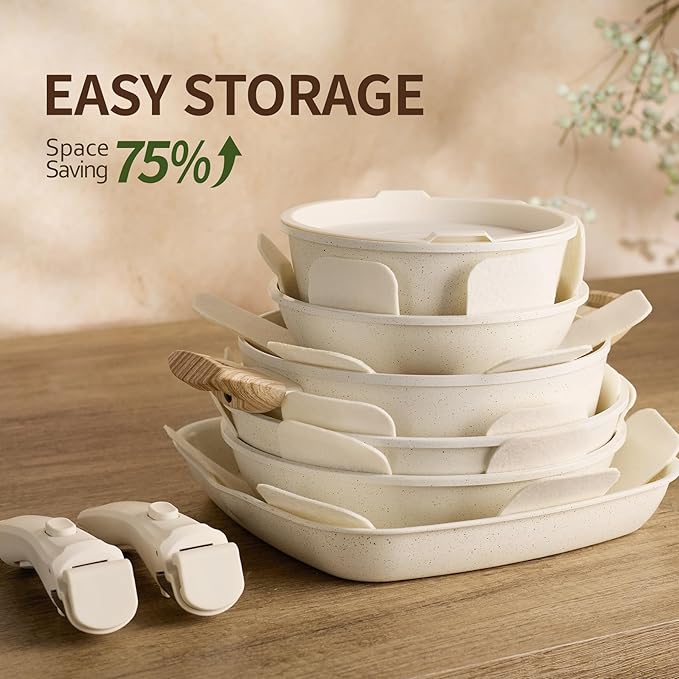 23PCS Ceramic Pots and Pans SetNonstick Removable Handle Pots and Pans Set Stackable Pan Set Ceramic Nonstick Pan Non Stick for Easy Cooking