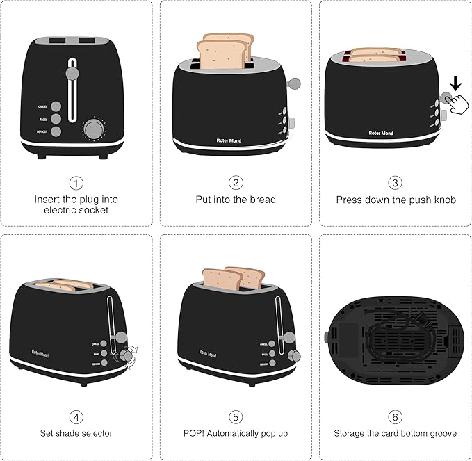 Roter Mond 2 Slice Toaster Retro Stainless Steel with Bagel Cancel and Defrost Functions 6 Bread Shade Settings Extra Wide Slots and Removable Crumb Tray Black