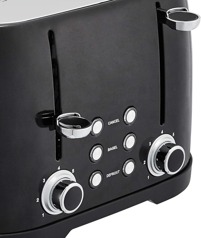 Amazon Basics 4 Slice Toaster 6 Browning Settings Removable Crumb Tray Bagel and Defrost Function Cancel Button 1600W Black