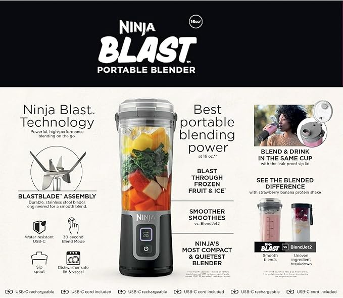 Ninja Blast 16 oz. Personal Portable Blender with Leak Proof Lid and Easy Sip Spout Perfect for Smoothies Cordless USB-C Rechargeable Dishwasher Safe Parts (Renewed) (Black)