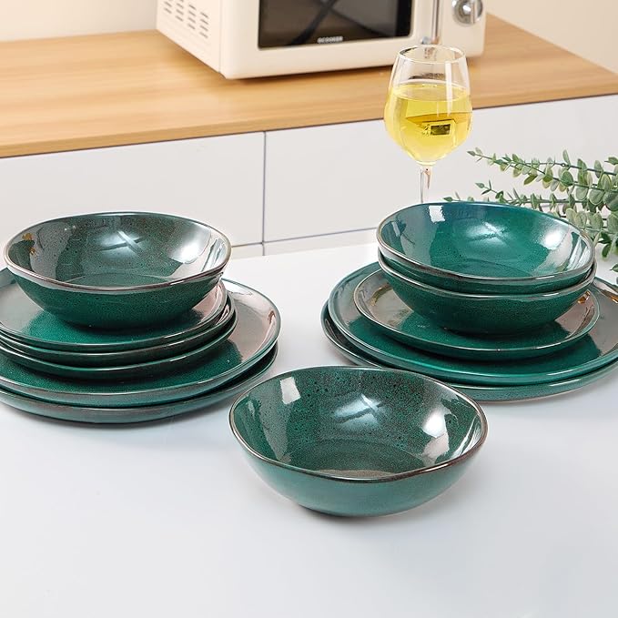 Bestone 12 Pieces Round Kitchen Dinnerware SetsPlates and Bowls SetsDishes Plates Bowls Dish Set Chip Resistant Ceramic Dinnerware Set Dishwasher/Microwave SafeService for 4Ceylon Green