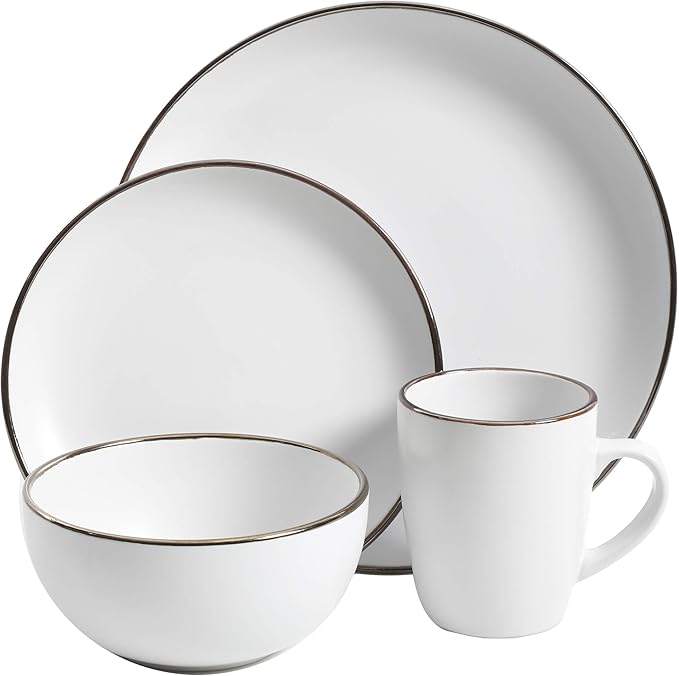 Gibson Home Rockaway Round Stoneware Dinnerware Set Service for 4 (16pcs) Matte White/Metallic Rim