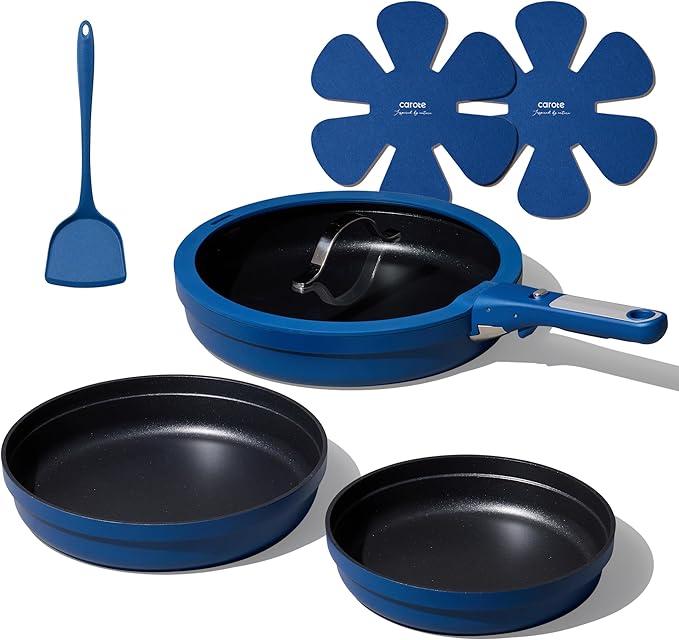 CAROTE 8Pcs Non Stick Frying Pans Set 3 Sizes(81012 Inch) Kitchen Nonstick Skillets with Detachable Handle Cooking Pan with lid Oven Safe Induction Cookware Stackable Kitchen Set Blue