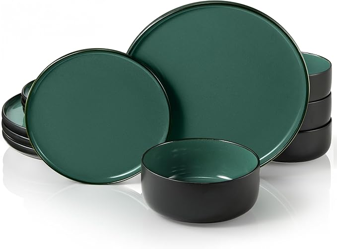 Dinnerware Set 12 Piece Service for 4 Vase and Vessel Ceramic 10.5” Dinner Plates 8.2” Salad Plates and 20 oz Bowls Stoneware Somerset Collection (Black/Jade)