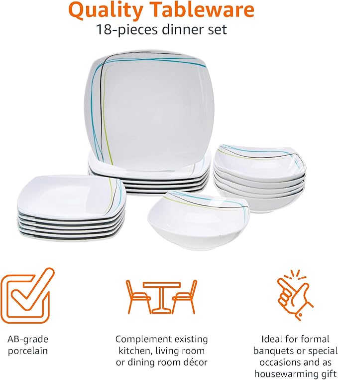 Amazon Basics 18-Piece Kitchen Dinnerware Set - Square Plates Bowls Service for 6 - Gray Soft Lines