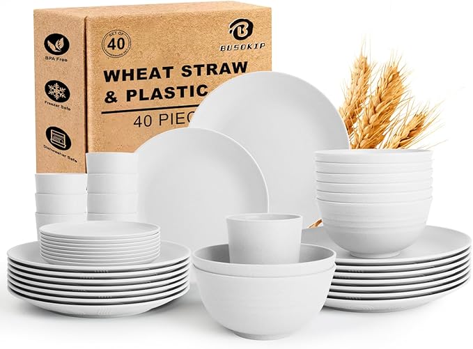 Wheat Straw Dinnerware Sets - 40 PCS Unbreakable Plates and Bowls Sets Service for 8 Kitchen Dishes Set Dinner Plates Cereal Bowls Cups Set Camping Dish Dishwasher &amp Microwave Safe - White