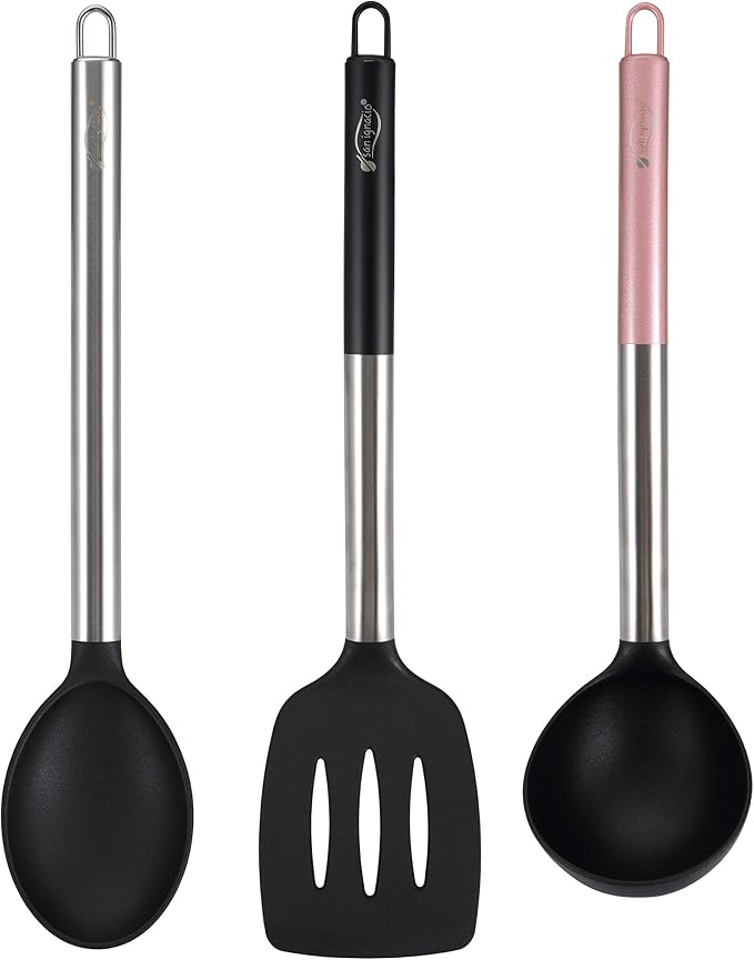 Set 3pc Frying Pan (16+20+24cm) Pressed Aluminium Induction Black Soul Marble with Set 3pc Kitchen Utensils Nylon with Set 4pc Stainless Steel Knives