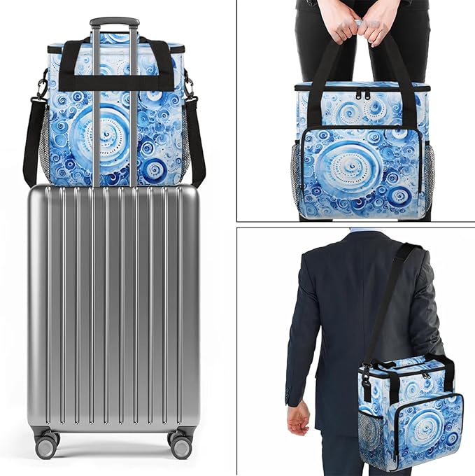 Blue Texture Coffee Maker Travel Bag for Keurig K-Mini/K-Mini Plus Insulated Waterproof Tote with Pockets for K-Cup Portable Single-Serve Brewer Case