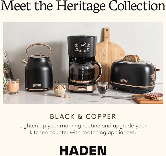 HADEN Coffee Machine 12 Cup Programmable Drip Coffee Maker with Auto Shut-Off Function and Reusable Washable Water Filter Black &amp Copper