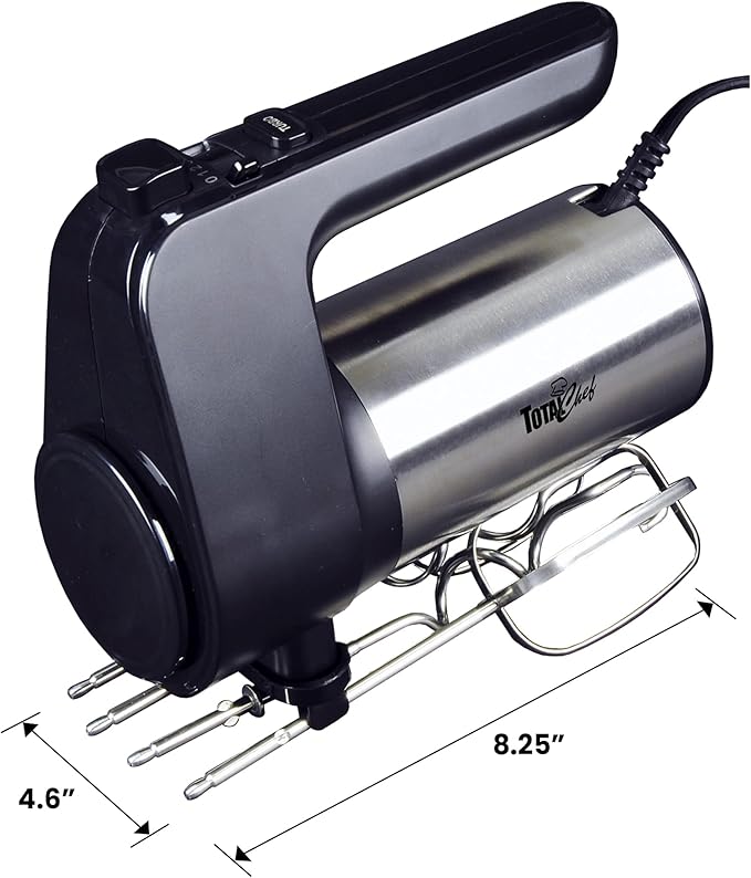 Total Chef Electric Hand Mixer – 6 Speed Handheld Blender Electric Egg Beater with Whisk Beater Dough Hooks Storage Case Turbo Boost for Cake Mix Batidora de Mano Eléctrica