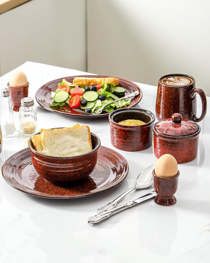 Hasense Ceramic 8-Pieces Dinnerware Sets 10 Inch Dish Plates and Soup Bowls Sets Service for 4 Christmas Gift Red