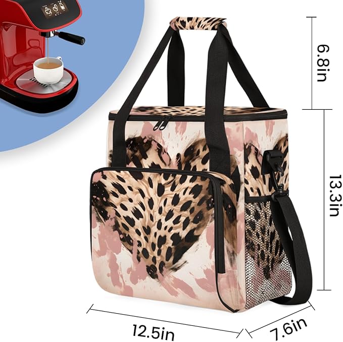 Leopard Heart Coffee Maker Carrying Bag Portable Travel Storage Tote Bag Compatible with K-Mini or K-Mini Plus Single Serve Coffee Brewer Carrying Case with Multiple Pockets &amp Shoulder Strap