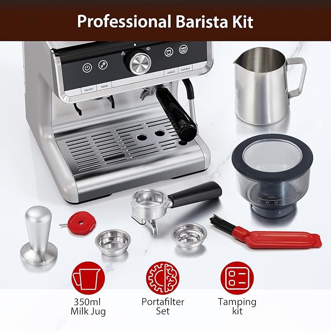 Stainless Steel Espresso Machine with Grinder &amp 20 Bar Pressure 2.8L Removable Water Tank Milk Frother Steam Wand for Latte/Cappuccino - Adjustable Shot Volume Professional Home/Office Use